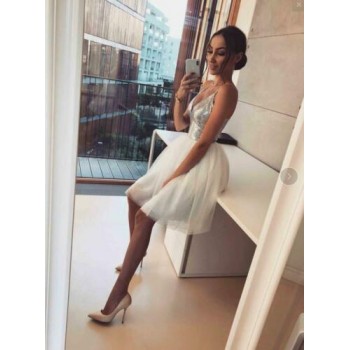 Women Silver Formal White Layers Mesh Sexy Deep V-Neck Low Cut Sequin Club Wear Evening Party Midi Princess Dress